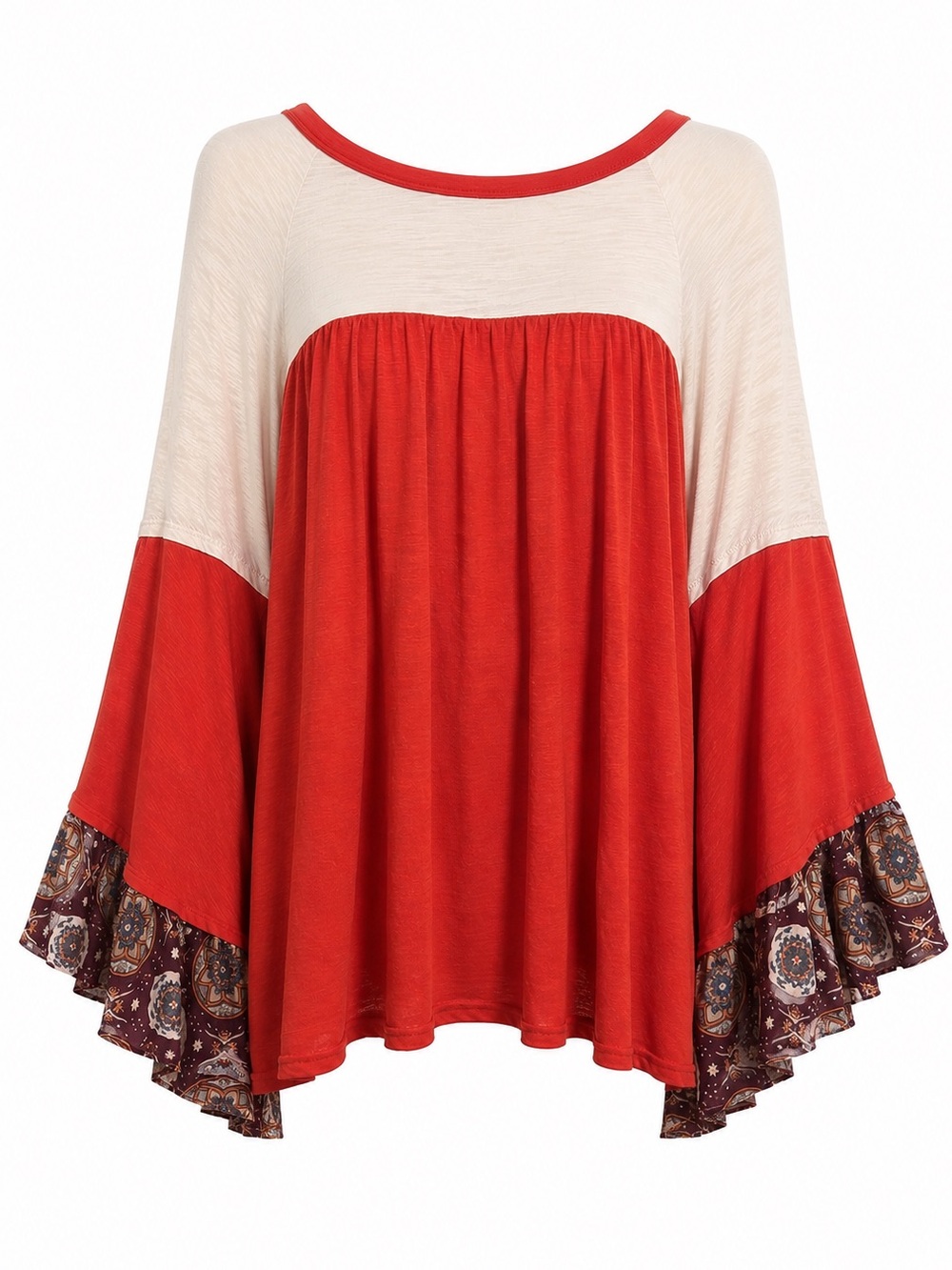 Umgee USA Boho Bell Sleeve Tunic Top Medium M Red Cream Paisley Ruffle Oversized